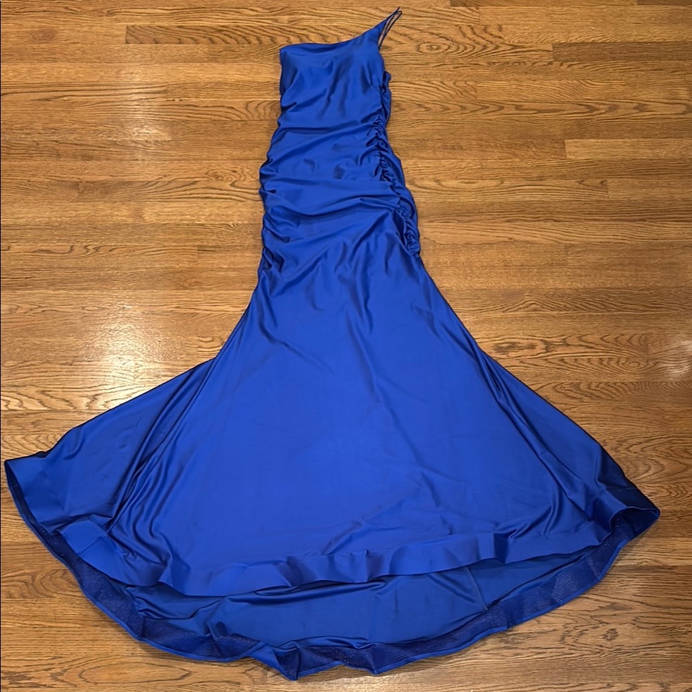 B Darlin Blue Asymmetrical Ruched One Shoulder Gown